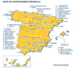 Mapa de España con la situación de las Universidades españolas.